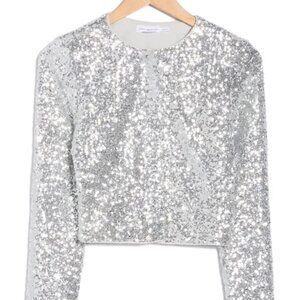 Good American Cluster Sequin Cropped Cardigan Metallic Silver Sparkle Small NWT